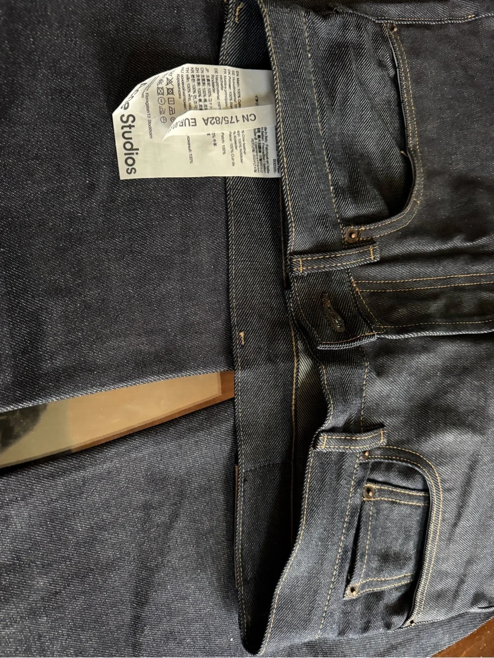 Acne Studios 2021M New RawDark Indigo Denim Jeans with Tan Leather Patch - Picture 5 of 5